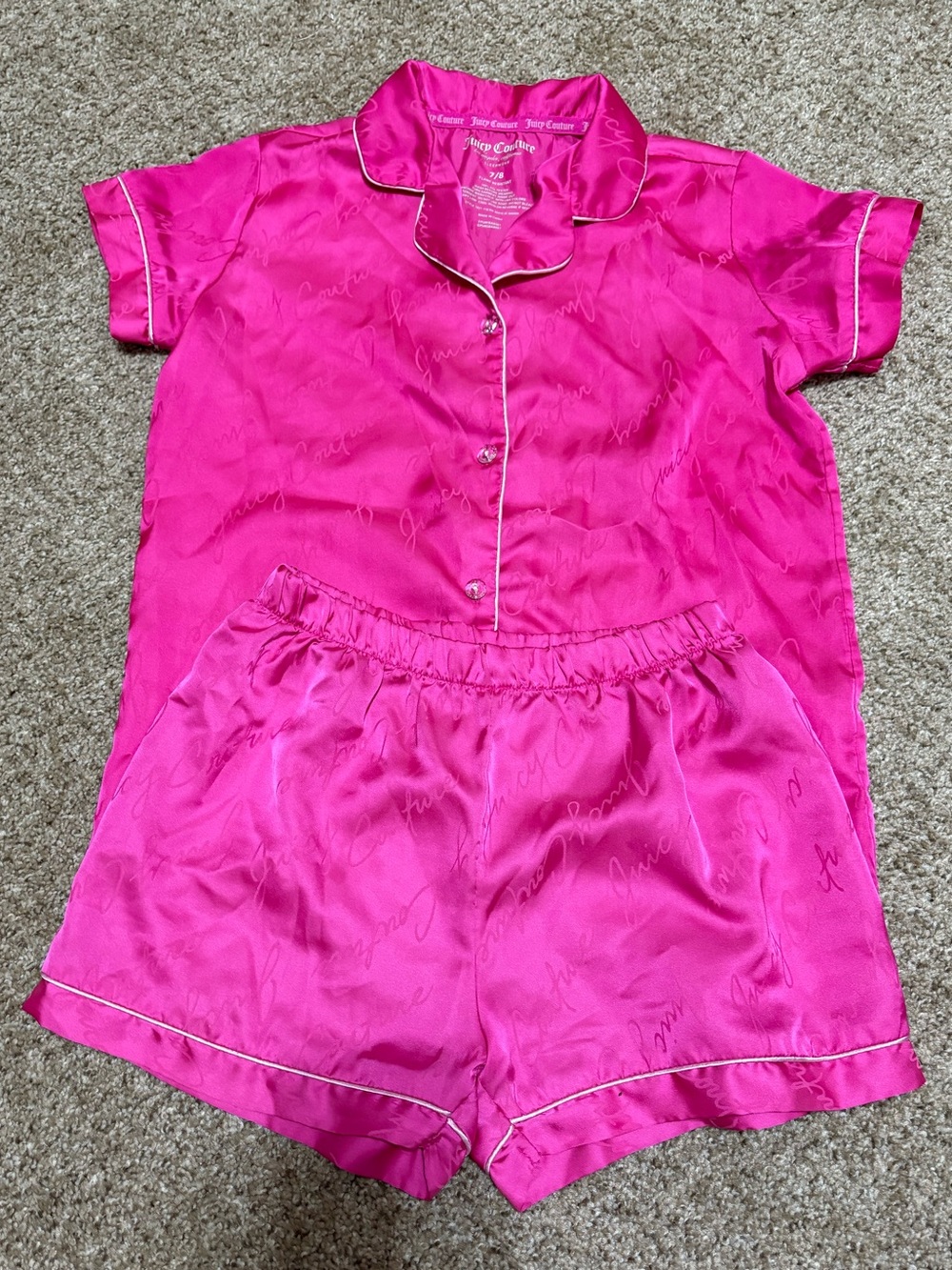 Juicy Couture Girls Satin Short Pajama Set - Hot Pink with White Piping